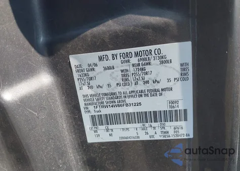 2006 Ford F150 Xlt from USA, damaged, VIN 1FTRW14W86FB31225